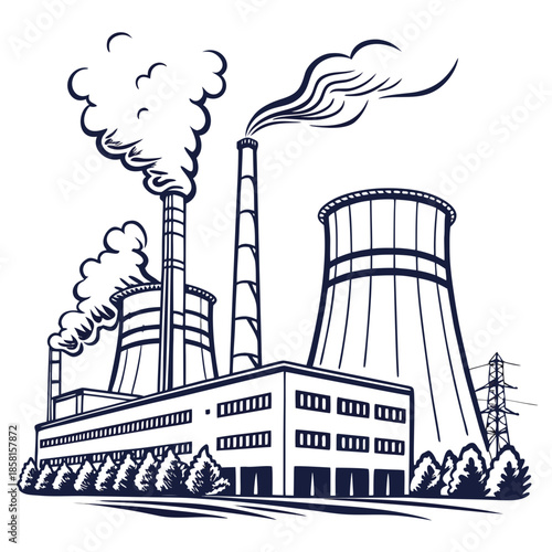 an illustration depicts a factory complex with multiple smokestacks releasing plumes of smoke into the air suggesting industrial activity