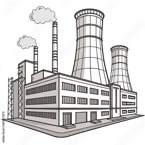 a detailed illustration of industrial factory buildings with multiple smokestacks releasing plumes of smoke into the cloudy sky