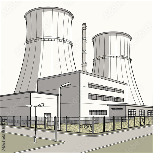 An illustrated depiction showcases a nuclear power plant with cooling towers a building fencing and surrounding infrastructure
