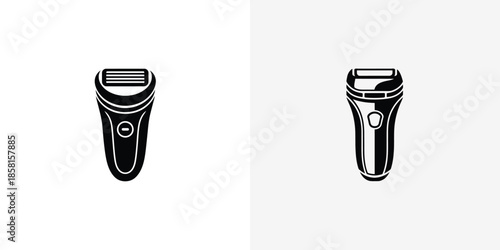 Black icons depict a modern electric shaver for personal grooming on a white background