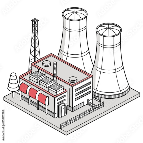 A detailed illustration depicts an industrial complex featuring cooling towers a building and a transmission tower structure