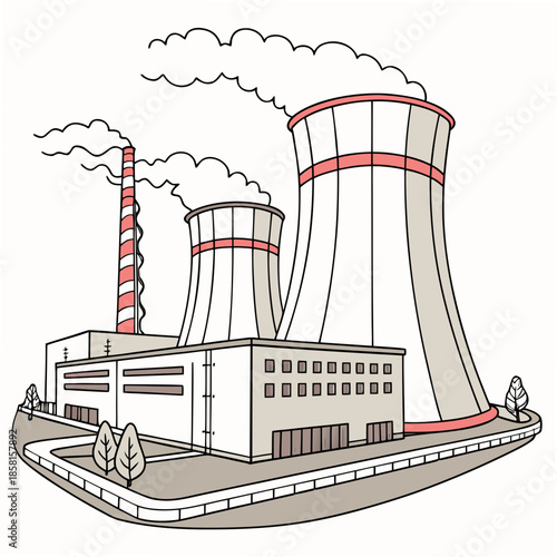 An illustration depicts a power plant with two prominent cooling towers releasing steam alongside a chimney emitting smoke and surrounding