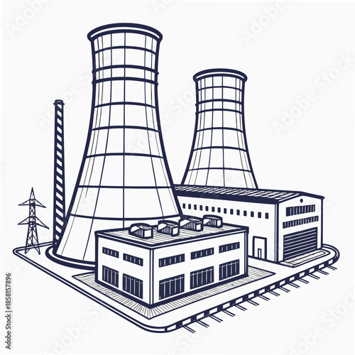 an illustration depicting a power plant with multiple cooling towers and industrial structures showing energy production high quality