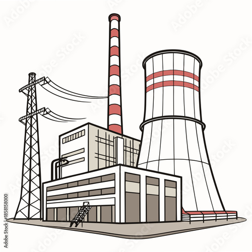A detailed illustration showcases a power plant with tall chimneys electrical towers and a small human figure for scale