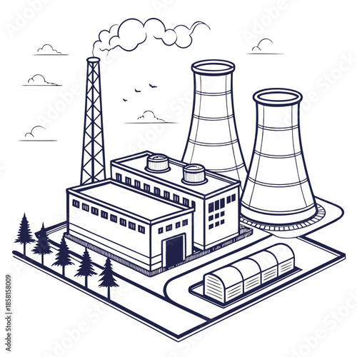 A detailed blueprint style illustration depicts an industrial complex with smokestacks releasing plumes of smoke into the sky