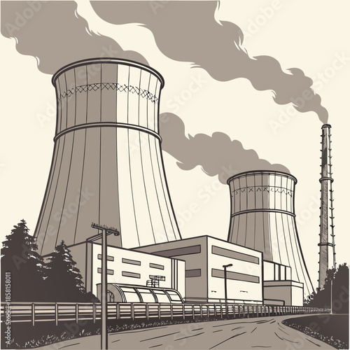 An illustrative depiction of industrial cooling towers releasing steam set against a muted landscape with sparse greenery and a road