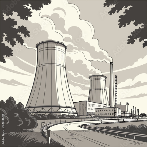 A grayscale illustration depicts a power plant with cooling towers and a winding road in the foreground showing industrial infrastructure