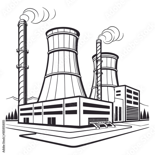 A detailed illustration depicts a power plant complex with multiple cooling towers and industrial structures highlighting energy production