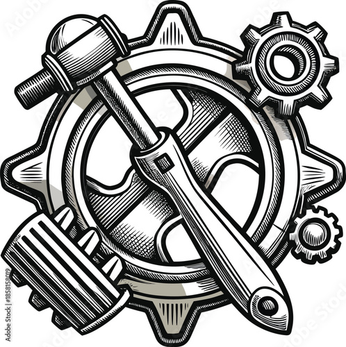 Vintage style illustration of tools and gears for mechanics and engineers