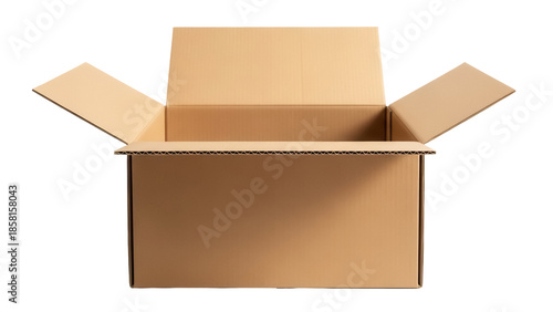 Open cardboard box PNG isolated on transparent background, brown container for shipping and storage, empty package for delivery
