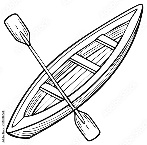 Simple outline drawing of an empty canoe with a paddle on a white background