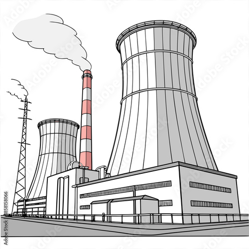 An illustrative depiction of industrial cooling towers emitting smoke alongside electrical pylons showcasing power generation infrastructure high quality