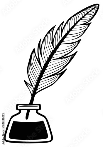 Classic Quill Pen Resting in an Inkwell Line Art Illustration