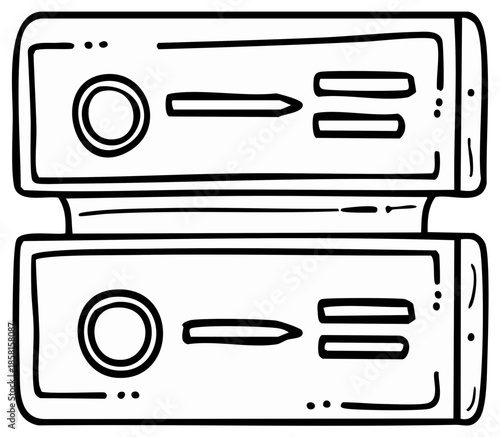 Stack of two retro audio reel to reel tape recorders in a simple line drawing style