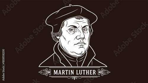 Vintage line art portrait of Martin Luther the German theologian for Protestant Reformation history religious education and church heritage celebration (21 words)