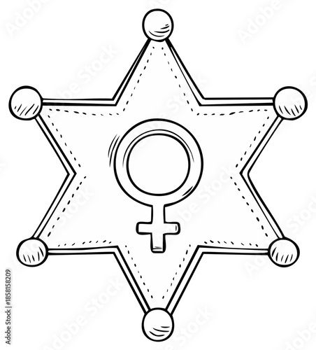 Female symbol on six point star badge illustration representing women in law enforcement