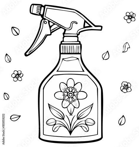 Spray bottle illustration with flower pattern design element in black and white