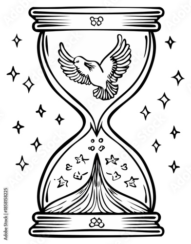 Hourglass with a soaring bird of peace inside and falling stars around it