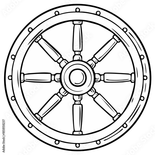 Nautical Wheel Illustration Vintage Wood Ship Steering Wheel Graphic