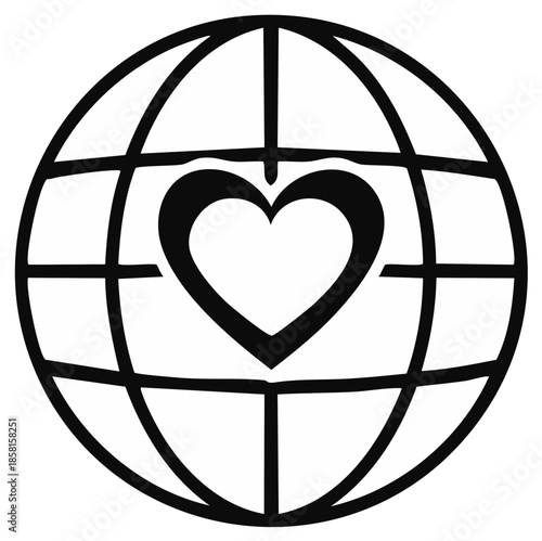 World globe with love heart icon representing global care, international charity and relationships worldwide