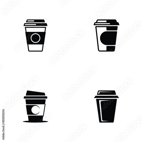 Four distinct black silhouette icons of various takeaway coffee cups with lids on a clean backdrop