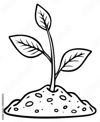 Germinating Seedling in Soil, Black and White Outline Illustration for Coloring and Early Spring Gardening Activities
