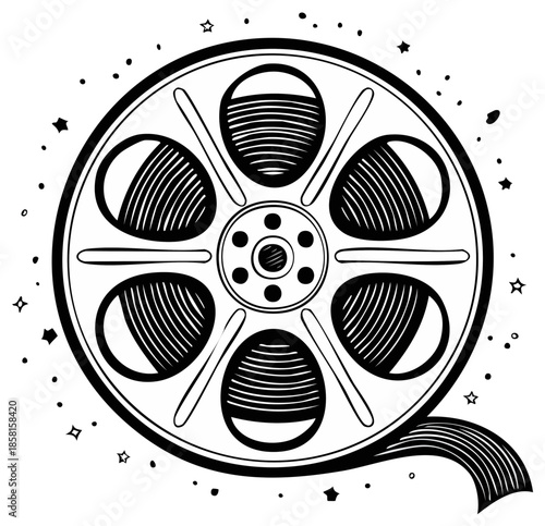 Illustration of a Film Reel with Decorative Stars and Dots for Vintage Cinema