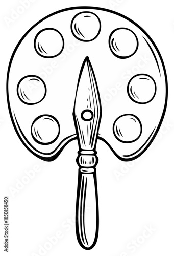 Artist's Paint Palette and Brush in Hand-Drawn Style