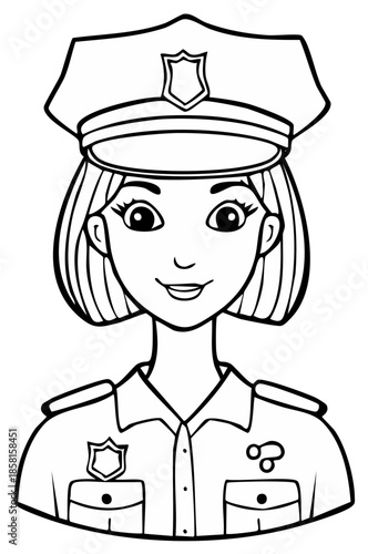 Cartoon illustration of a police officer woman in uniform head and shoulders line art for coloring and educational materials