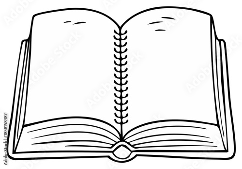 Open blank book with spiral binding and simple line art illustration
