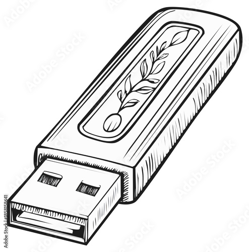 Hand Drawn USB Drive Sketch with Leaf Design A Simple Storage Concept
