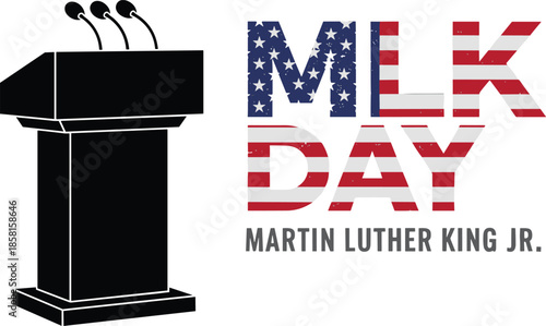 Martin Luther King Jr Day background with speaker podium and patriotic flag pattern typography for federal holiday social justice speech celebration (21 words)