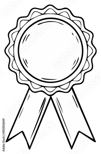 Hand drawn rosette award with ribbon, a simple black and white badge illustration, perfect for vector design elements or coloring pages and graphics