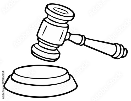 Monochrome outline drawing depicting a judicial gavel poised over a sound block used in legal settings emphasizing law and order