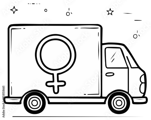 Delivery Truck with Female Symbol Vector Illustration Line Art for Reproductive Health