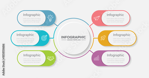 Creative circle infographic template design with marketing icons. Business concept with 6 options, steps, sections. Business concept with 6 options, steps, sections. 