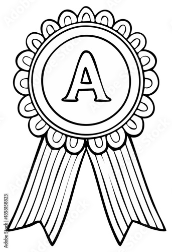 Black and white line art illustration of a rosette award ribbon with letter A
