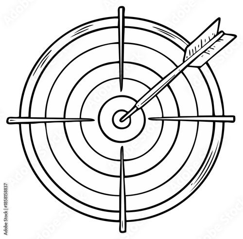Arrow hitting target bullseye. Accurate aiming with archery equipment