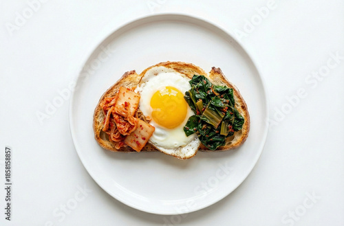 Kimchi and spinach on toast with an egg, centered on a white plate.