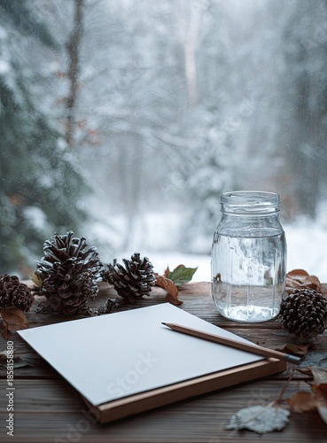 Winter desk. Paper, pencil, water, pinecones on wood