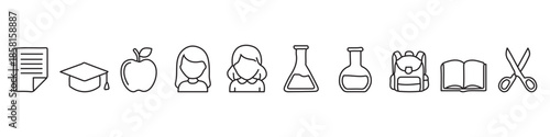 School education and students line icon set – outline symbols of diploma, graduation cap, pupils, science and school supplies