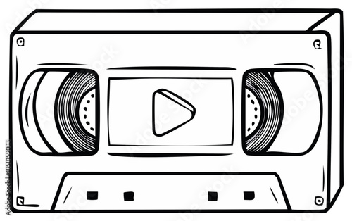 Outlined vintage VHS cassette tape with play symbol concept for nostalgia and media