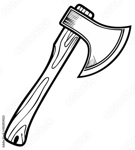 Illustration of a single axe with wooden handle in black and white, vector drawing of an ax