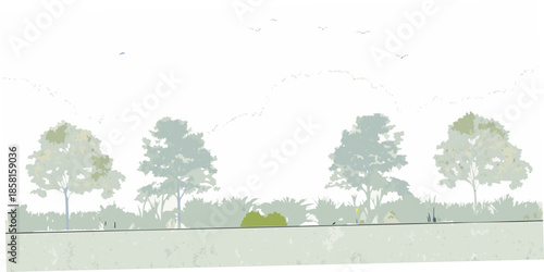 A minimalist landscape with trees a distant hill and a bright sky