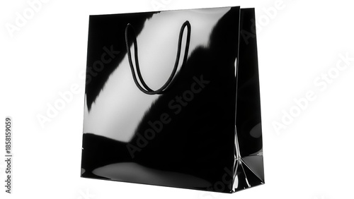 Elegant black shopping bag isolated PNG on transparent background, glossy gift bag for retail, sale, and promotional use