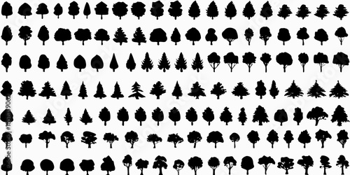 Dense arrangement of various black tree silhouettes on a white background