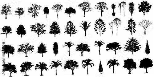 A collection of diverse tree silhouettes arranged in a grid pattern