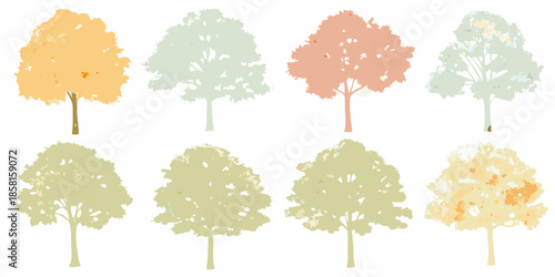 A collection of stylized trees in various autumnal colors and shapes