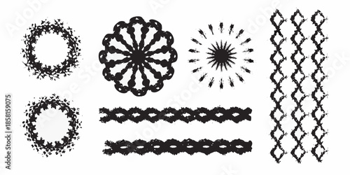 Rough sketches of various circular and linear patterned designs on white background