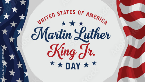 Martin Luther King Jr Day background with wavy American flags and elegant typography for United States federal holiday celebration and honor (22 words)